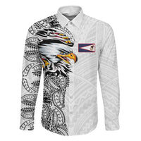 American Samoa Flag Day Family Matching Off Shoulder Maxi Dress and Hawaiian Shirt Tribal Tattoo with Eagle White LT03 Dad's Shirt - Long Sleeve White - Polynesian Pride