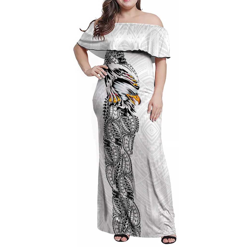 American Samoa Flag Day Family Matching Off Shoulder Maxi Dress and Hawaiian Shirt Tribal Tattoo with Eagle White LT03 Mom's Dress White - Polynesian Pride