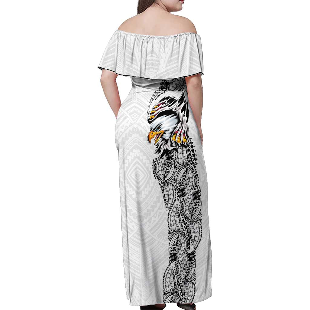 American Samoa Flag Day Family Matching Off Shoulder Maxi Dress and Hawaiian Shirt Tribal Tattoo with Eagle White LT03 - Polynesian Pride