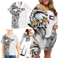 American Samoa Flag Day Family Matching Off Shoulder Short Dress and Hawaiian Shirt Tribal Tattoo with Eagle White LT03 - Polynesian Pride