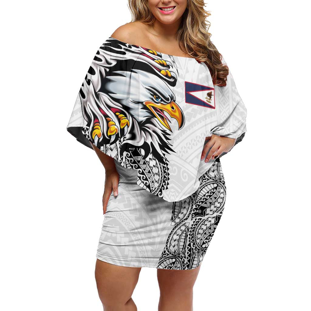 American Samoa Flag Day Family Matching Off Shoulder Short Dress and Hawaiian Shirt Tribal Tattoo with Eagle White LT03 Mom's Dress White - Polynesian Pride