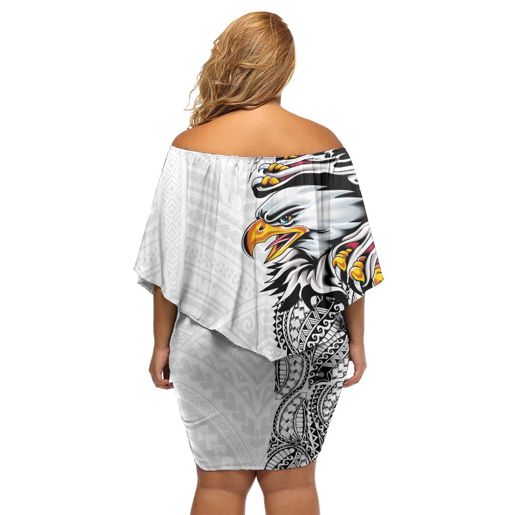 American Samoa Flag Day Family Matching Off Shoulder Short Dress and Hawaiian Shirt Tribal Tattoo with Eagle White LT03 - Polynesian Pride