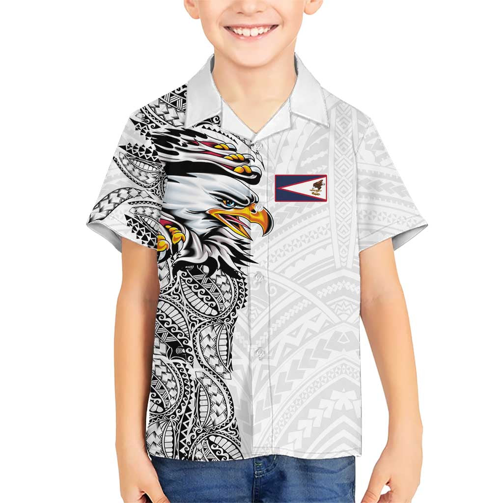 American Samoa Flag Day Family Matching Off Shoulder Short Dress and Hawaiian Shirt Tribal Tattoo with Eagle White LT03 Son's Shirt White - Polynesian Pride