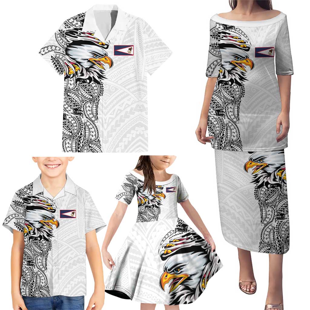 American Samoa Flag Day Family Matching Puletasi and Hawaiian Shirt Tribal Tattoo with Eagle White
