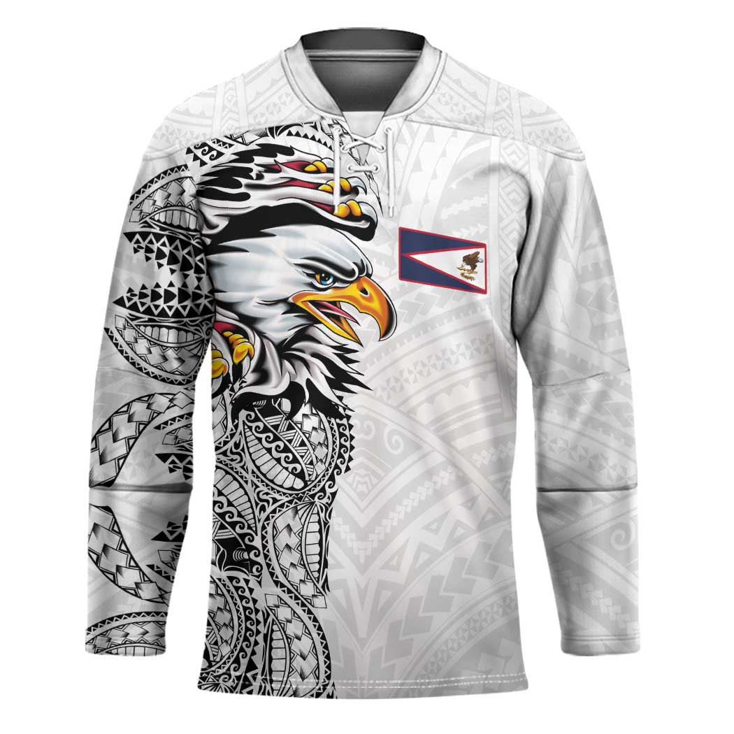 American Samoa Flag Day Hockey Jersey Tribal Tattoo with Eagle White LT03 Unisex White - Polynesian Pride