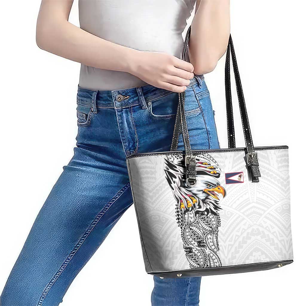 American Samoa Flag Day Leather Tote Bag Tribal Tattoo with Eagle White