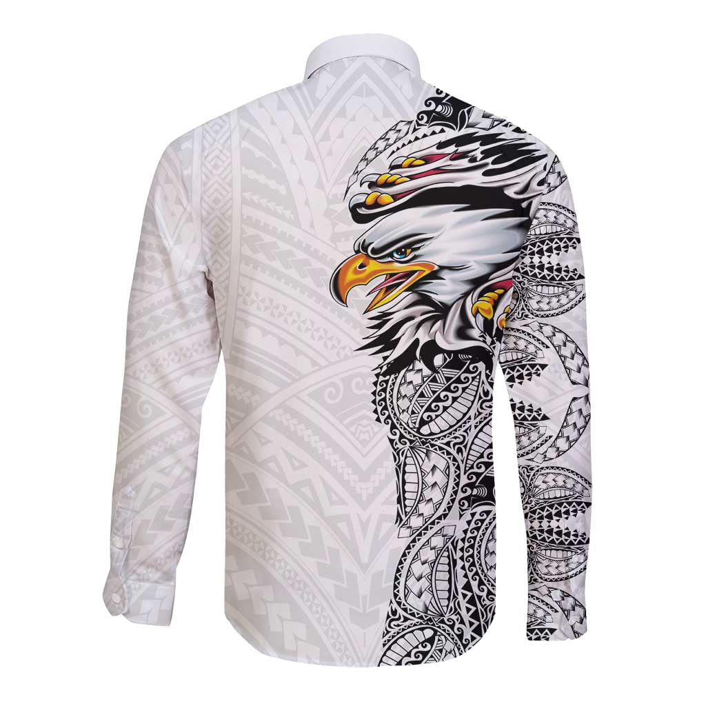 American Samoa Flag Day Long Sleeve Button Shirt Tribal Tattoo with Eagle White