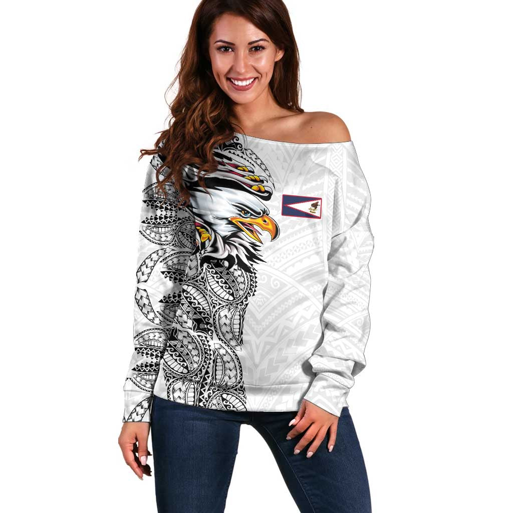 American Samoa Flag Day Off Shoulder Sweater Tribal Tattoo with Eagle White