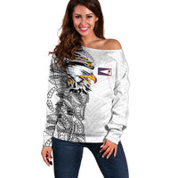 American Samoa Flag Day Off Shoulder Sweater Tribal Tattoo with Eagle White