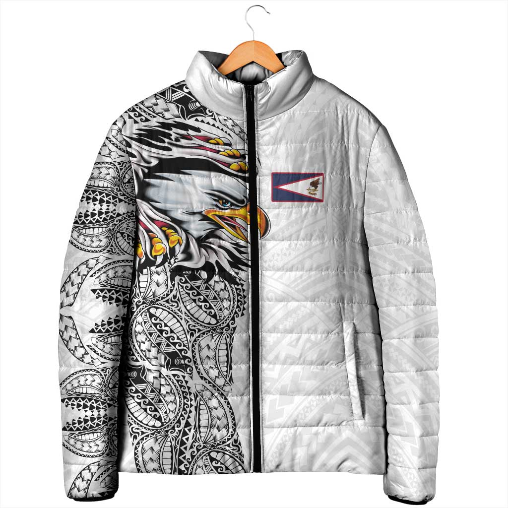American Samoa Flag Day Padded Jacket Tribal Tattoo with Eagle White