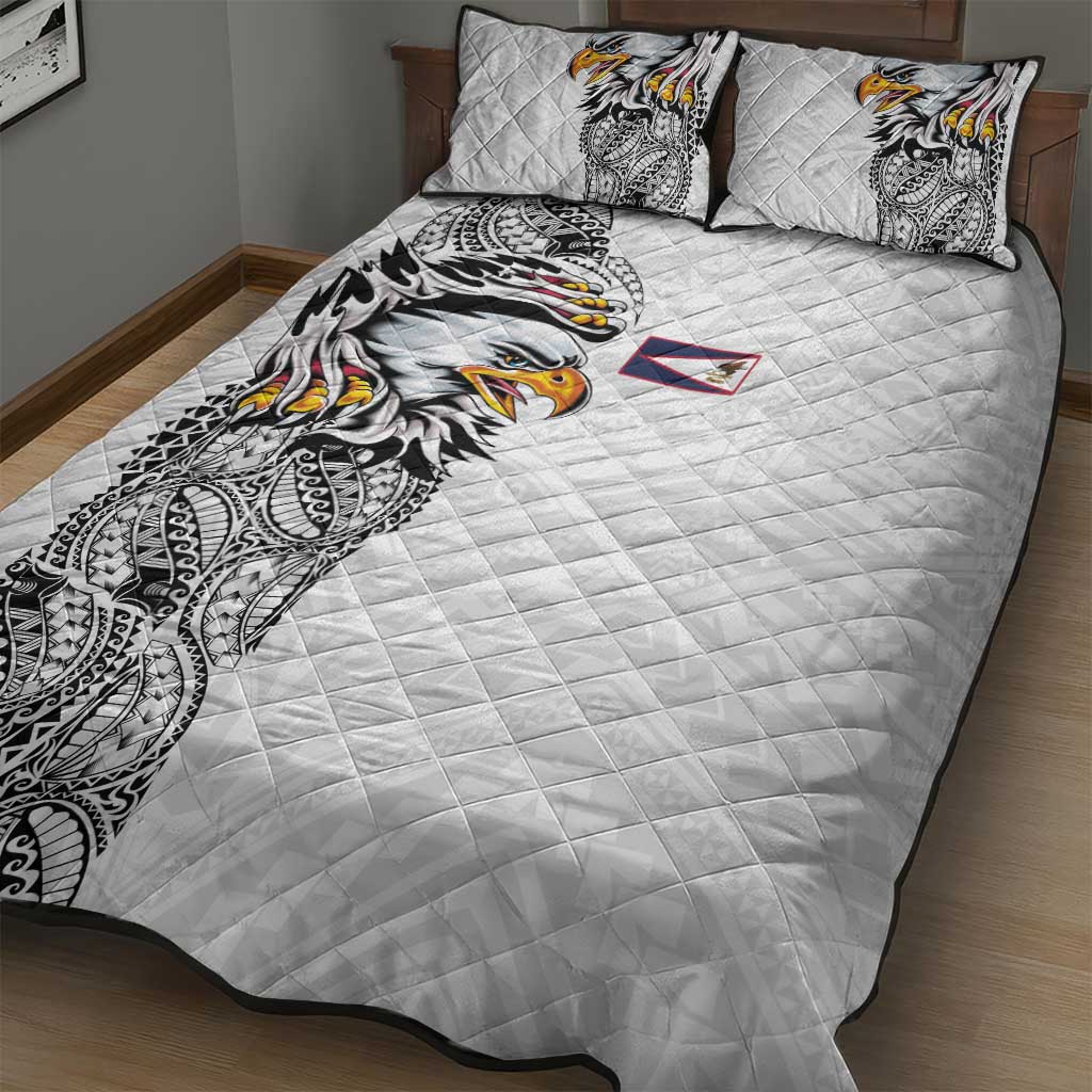 American Samoa Flag Day Quilt Bed Set Tribal Tattoo with Eagle White