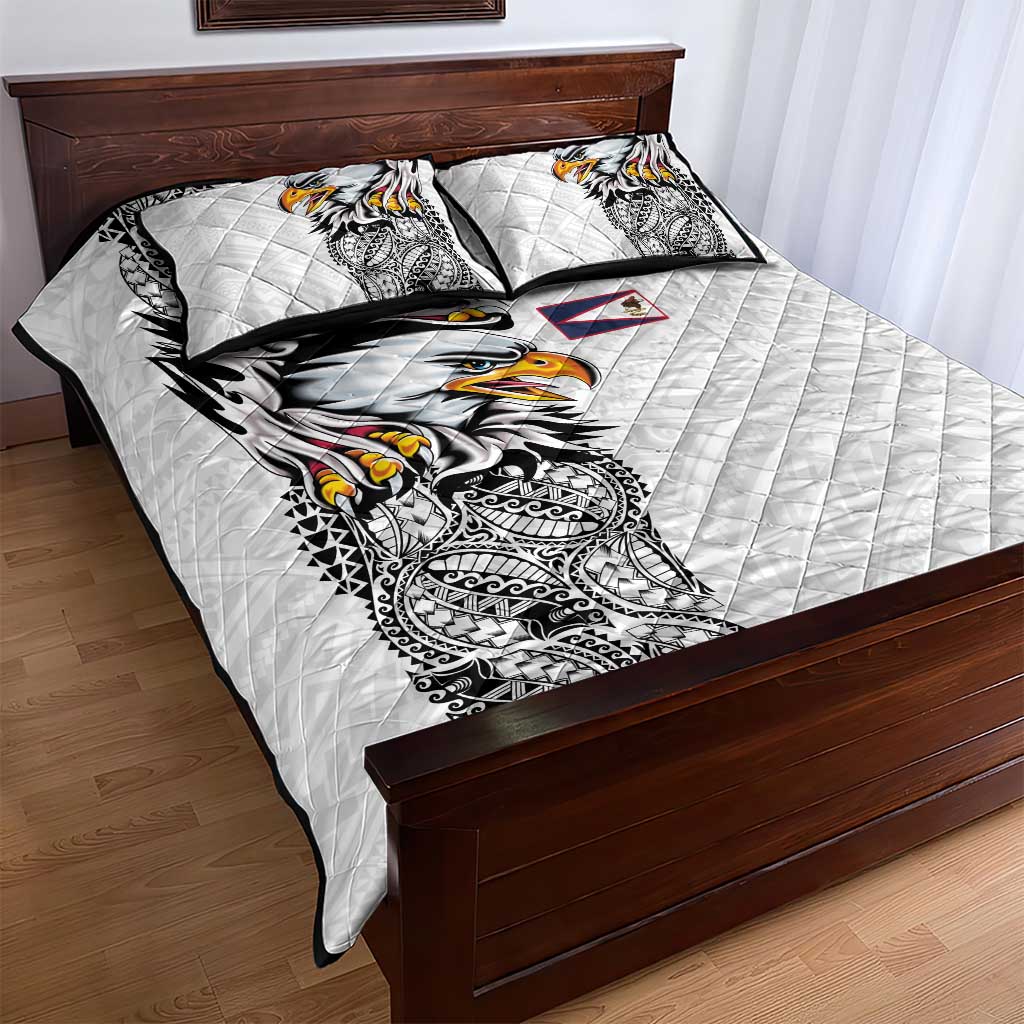 American Samoa Flag Day Quilt Bed Set Tribal Tattoo with Eagle White