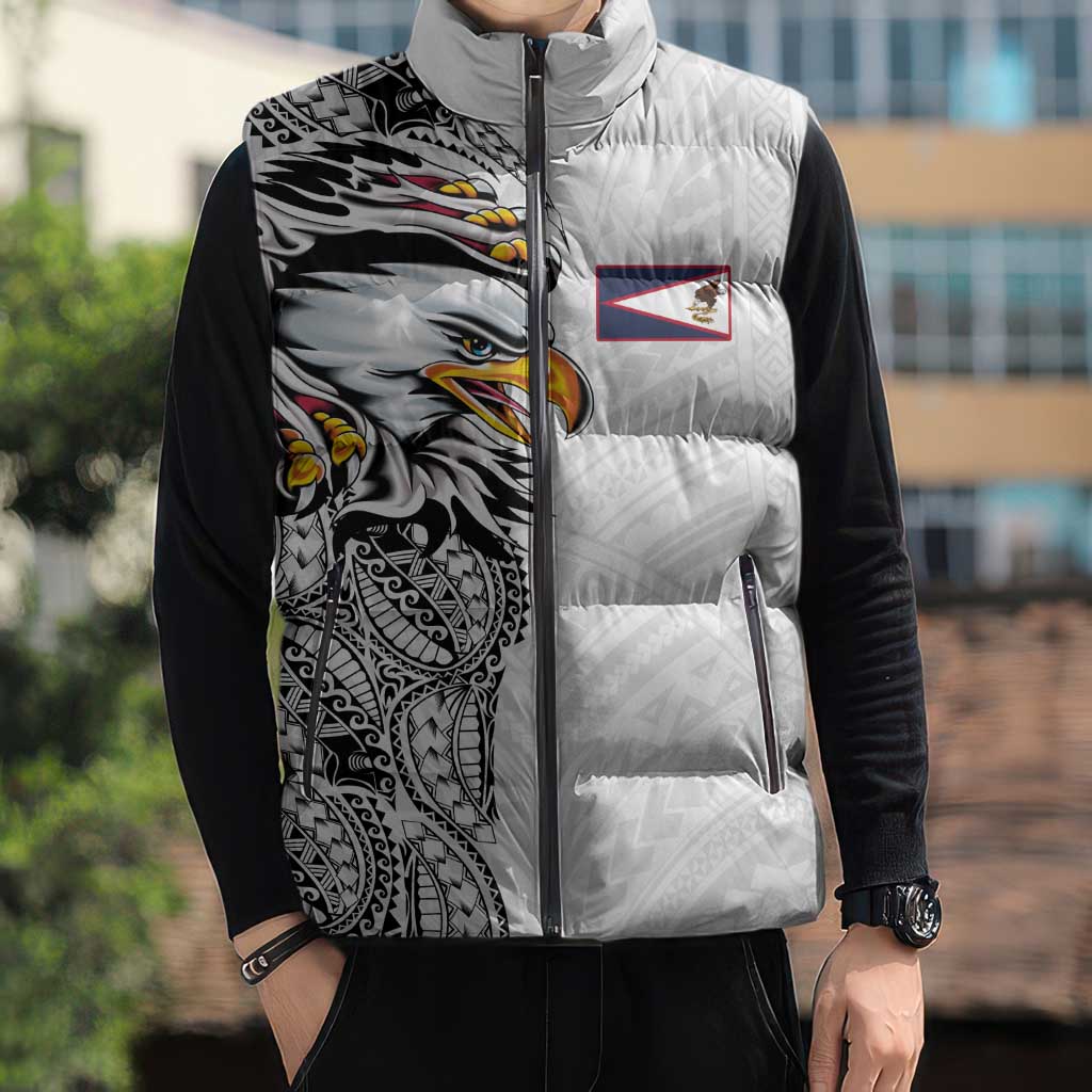 American Samoa Flag Day Sleeveless Puffer Jacket Tribal Tattoo with Eagle White