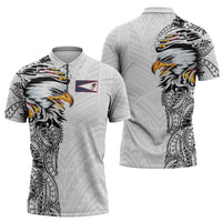 American Samoa Flag Day Zipper Polo Shirt Tribal Tattoo with Eagle White