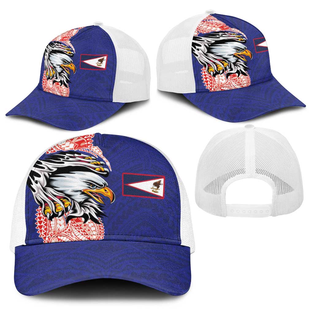 American Samoa Flag Day Baseball Net Cap Tribal Tattoo with Eagle Blue-Red