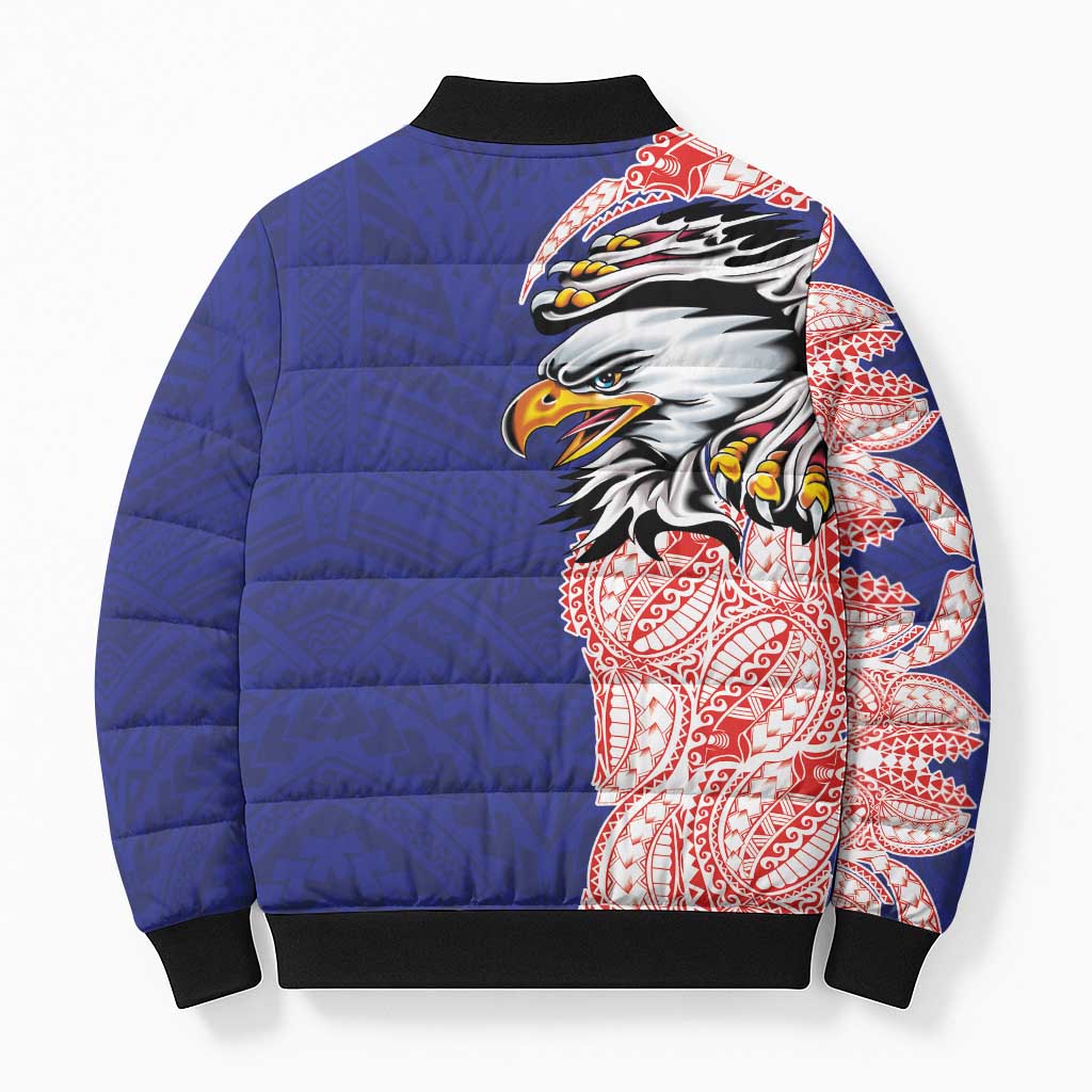 American Samoa Flag Day Bomber Puffer Jacket Tribal Tattoo with Eagle Blue-Red