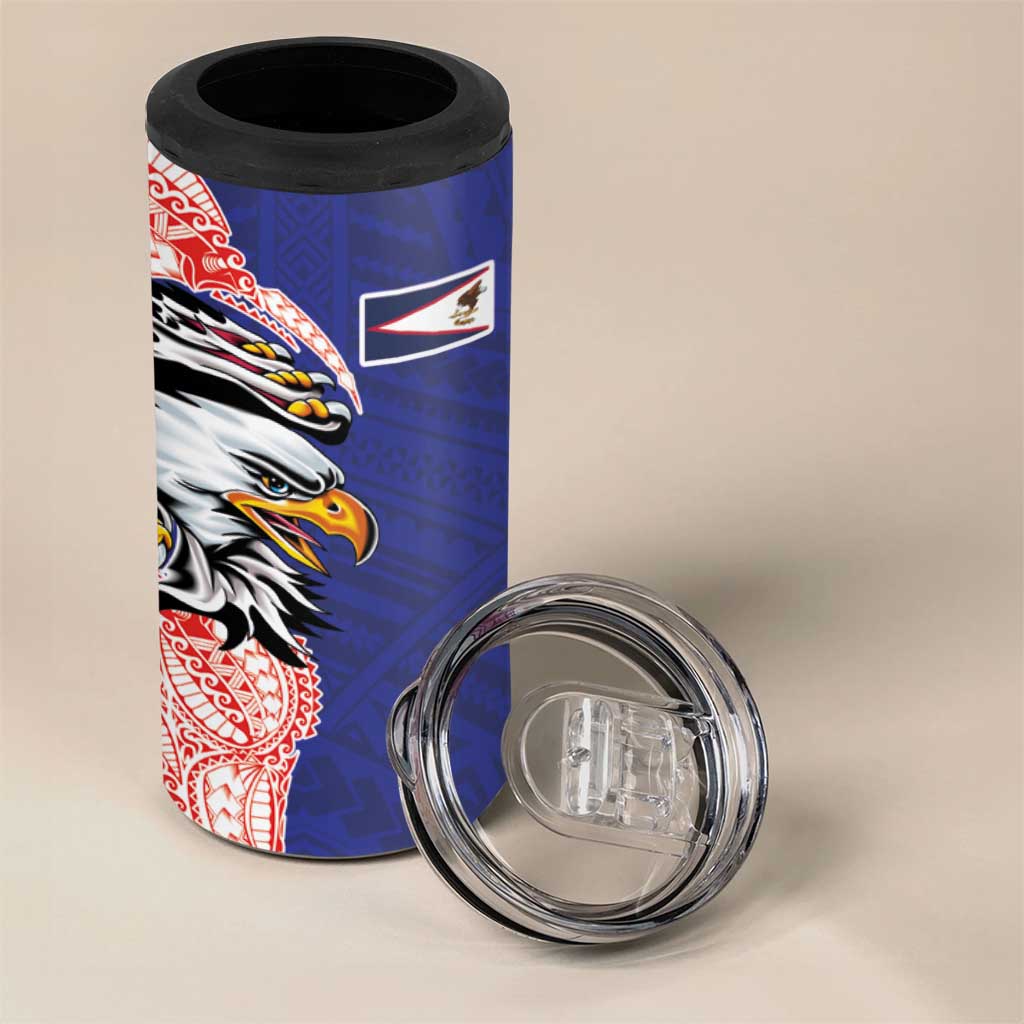 American Samoa Flag Day 4 in 1 Can Cooler Tumbler Tribal Tattoo with Eagle Blue-Red
