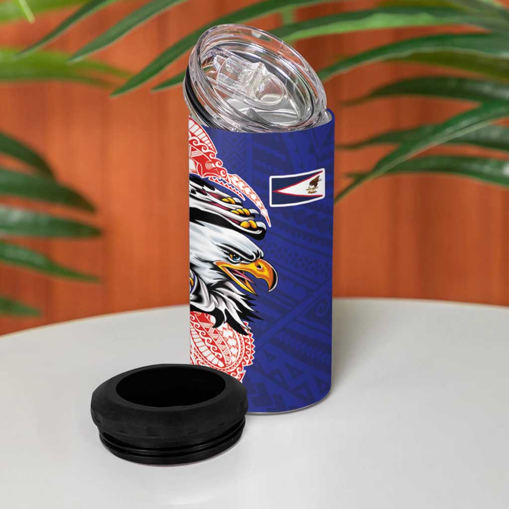 American Samoa Flag Day 4 in 1 Can Cooler Tumbler Tribal Tattoo with Eagle Blue-Red