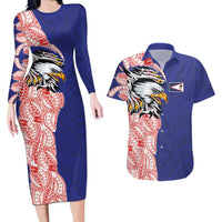 American Samoa Flag Day Couples Matching Long Sleeve Bodycon Dress and Hawaiian Shirt Tribal Tattoo with Eagle Blue-Red LT03 Blue - Polynesian Pride