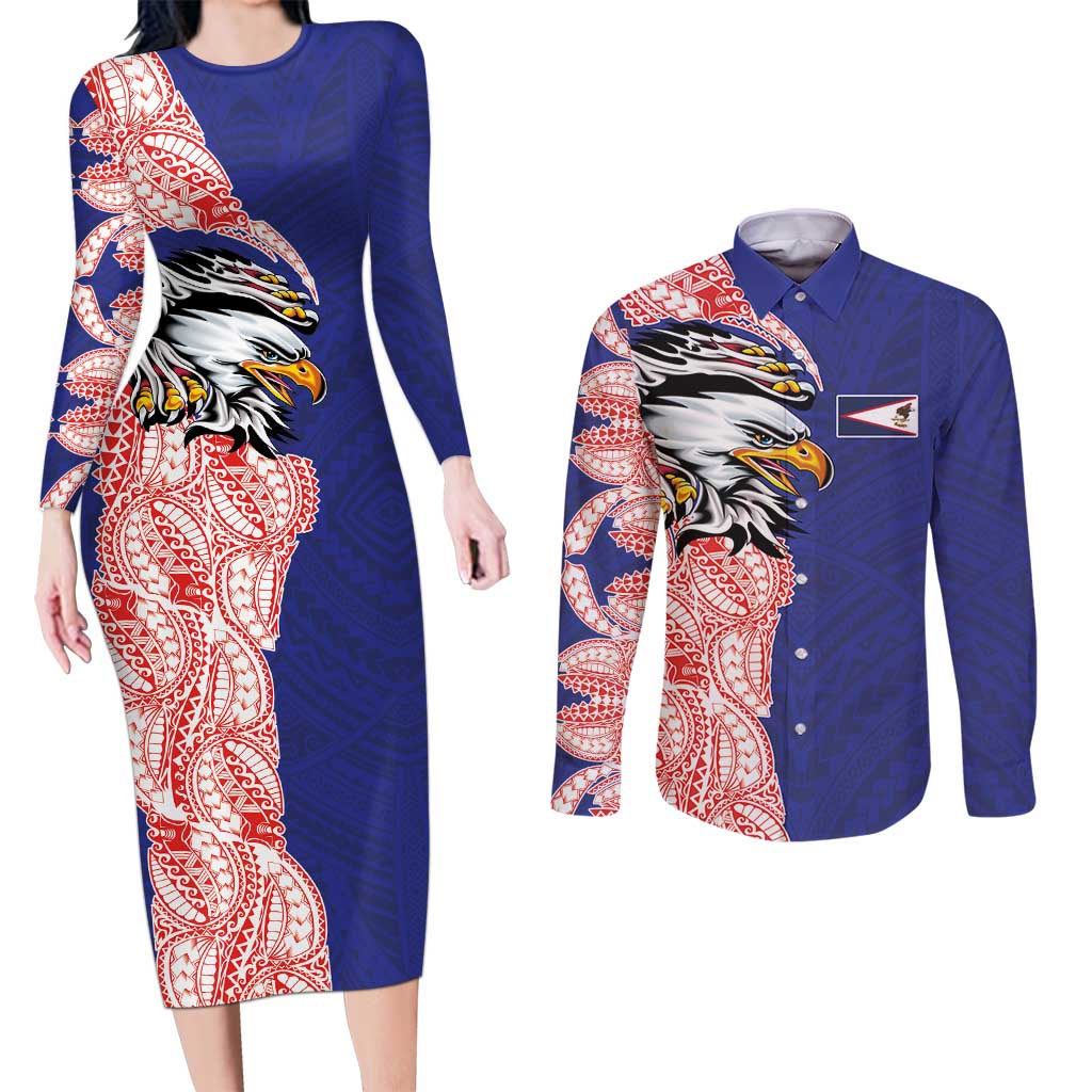 American Samoa Flag Day Couples Matching Long Sleeve Bodycon Dress and Long Sleeve Button Shirt Tribal Tattoo with Eagle Blue-Red LT03 Blue - Polynesian Pride