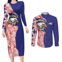 American Samoa Flag Day Couples Matching Long Sleeve Bodycon Dress and Long Sleeve Button Shirt Tribal Tattoo with Eagle Blue-Red LT03 Blue - Polynesian Pride
