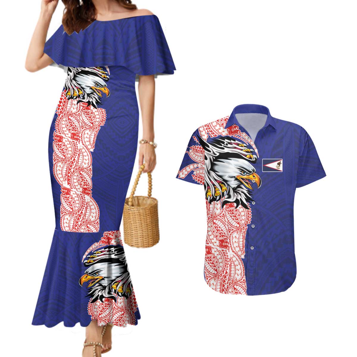 American Samoa Flag Day Couples Matching Mermaid Dress and Hawaiian Shirt Tribal Tattoo with Eagle Blue-Red LT03 Blue - Polynesian Pride