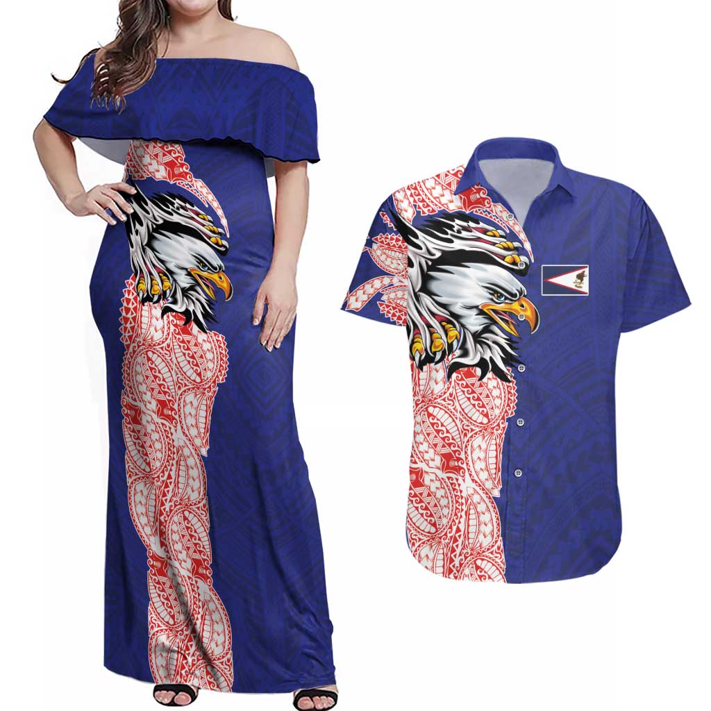 American Samoa Flag Day Couples Matching Off Shoulder Maxi Dress and Hawaiian Shirt Tribal Tattoo with Eagle Blue-Red LT03 Blue - Polynesian Pride