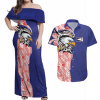 American Samoa Flag Day Couples Matching Off Shoulder Maxi Dress and Hawaiian Shirt Tribal Tattoo with Eagle Blue-Red LT03 Blue - Polynesian Pride