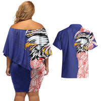 American Samoa Flag Day Couples Matching Off Shoulder Short Dress and Hawaiian Shirt Tribal Tattoo with Eagle Blue-Red LT03 - Polynesian Pride