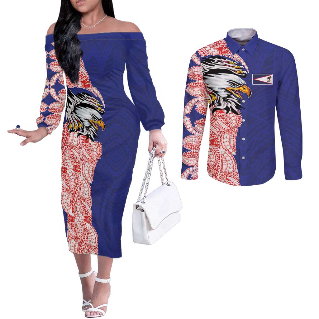 American Samoa Flag Day Couples Matching Off The Shoulder Long Sleeve Dress and Long Sleeve Button Shirt Tribal Tattoo with Eagle Blue-Red LT03 Blue - Polynesian Pride