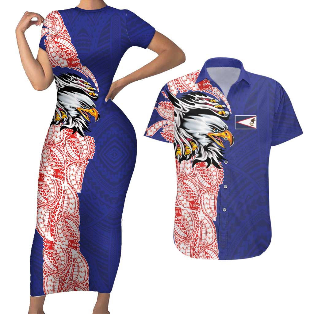 American Samoa Flag Day Couples Matching Short Sleeve Bodycon Dress and Hawaiian Shirt Tribal Tattoo with Eagle Blue-Red LT03 Blue - Polynesian Pride