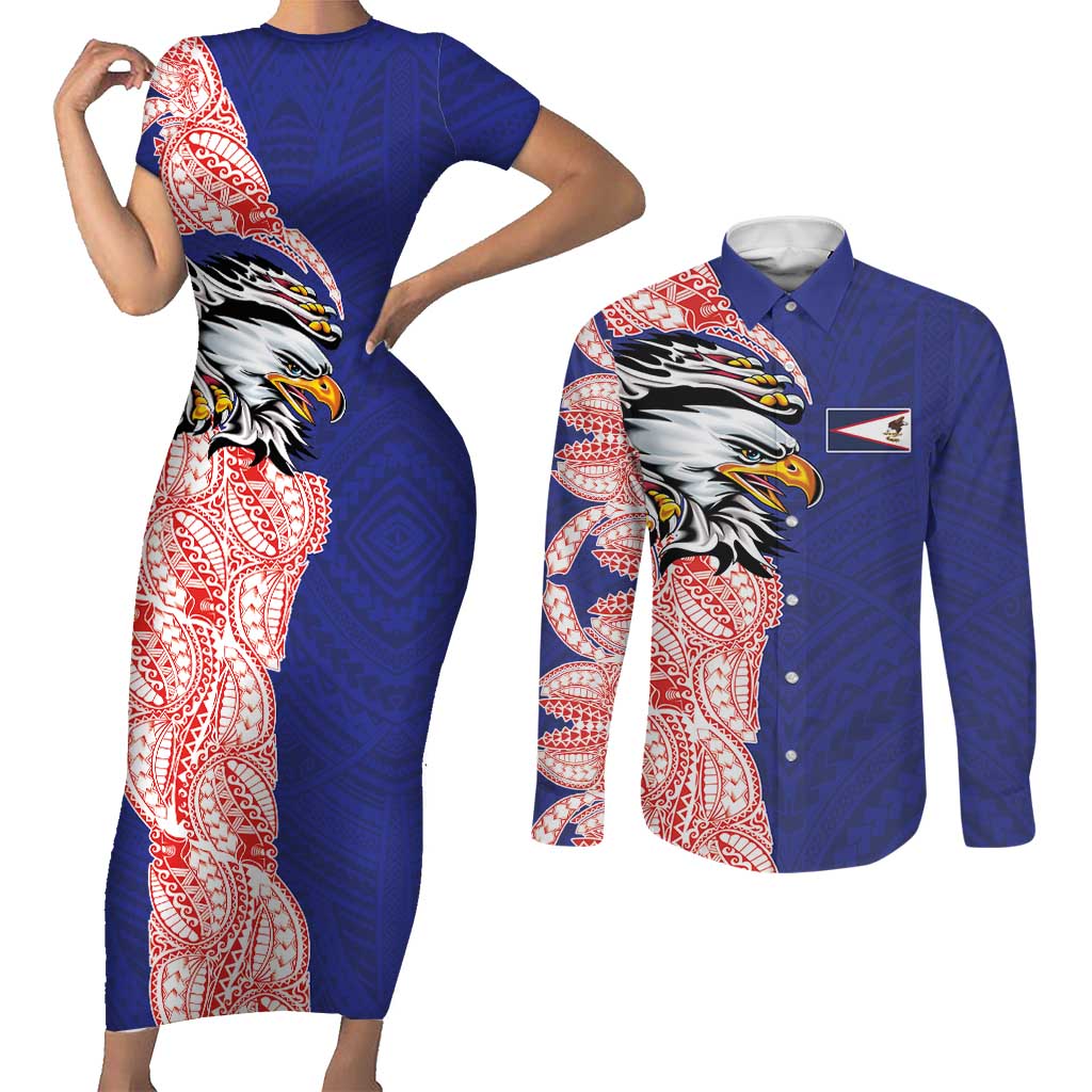 American Samoa Flag Day Couples Matching Short Sleeve Bodycon Dress and Long Sleeve Button Shirt Tribal Tattoo with Eagle Blue-Red LT03 Blue - Polynesian Pride