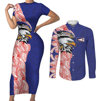 American Samoa Flag Day Couples Matching Short Sleeve Bodycon Dress and Long Sleeve Button Shirt Tribal Tattoo with Eagle Blue-Red LT03 Blue - Polynesian Pride