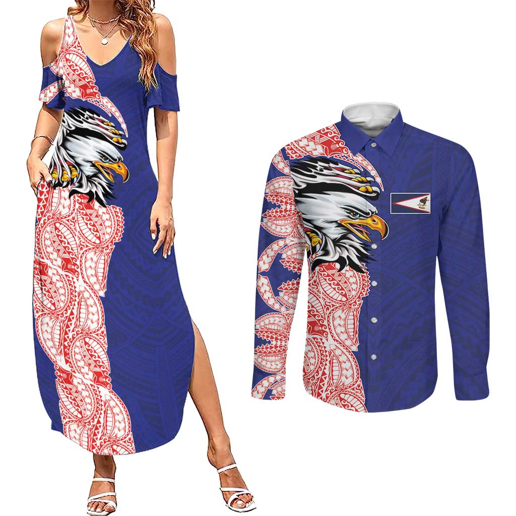 American Samoa Flag Day Couples Matching Summer Maxi Dress and Long Sleeve Button Shirt Tribal Tattoo with Eagle Blue-Red