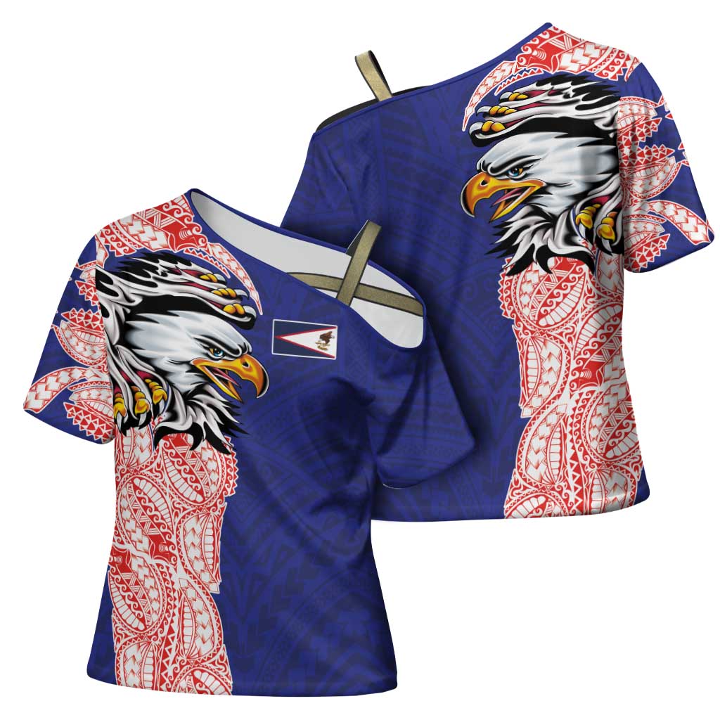 American Samoa Flag Day Cross Shoulder Shirt Tribal Tattoo with Eagle Blue-Red