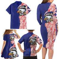 American Samoa Flag Day Family Matching Long Sleeve Bodycon Dress and Hawaiian Shirt Tribal Tattoo with Eagle Blue-Red LT03 - Polynesian Pride