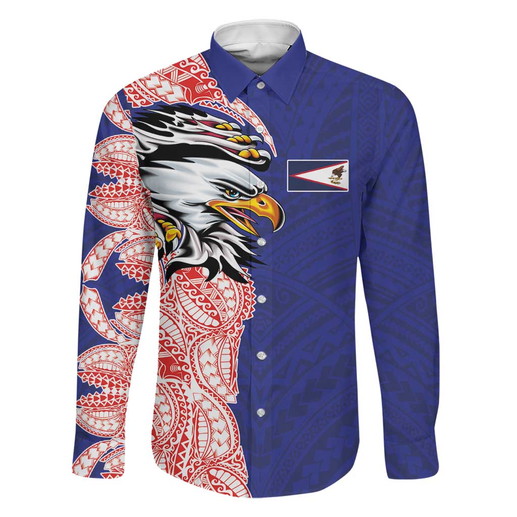 American Samoa Flag Day Family Matching Long Sleeve Bodycon Dress and Hawaiian Shirt Tribal Tattoo with Eagle Blue-Red LT03 Dad's Shirt - Long Sleeve Blue - Polynesian Pride