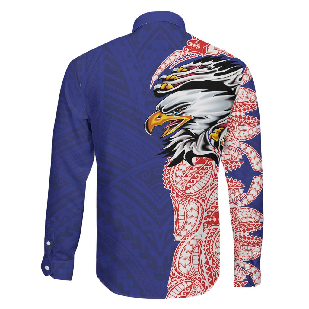 American Samoa Flag Day Family Matching Long Sleeve Bodycon Dress and Hawaiian Shirt Tribal Tattoo with Eagle Blue-Red LT03 - Polynesian Pride