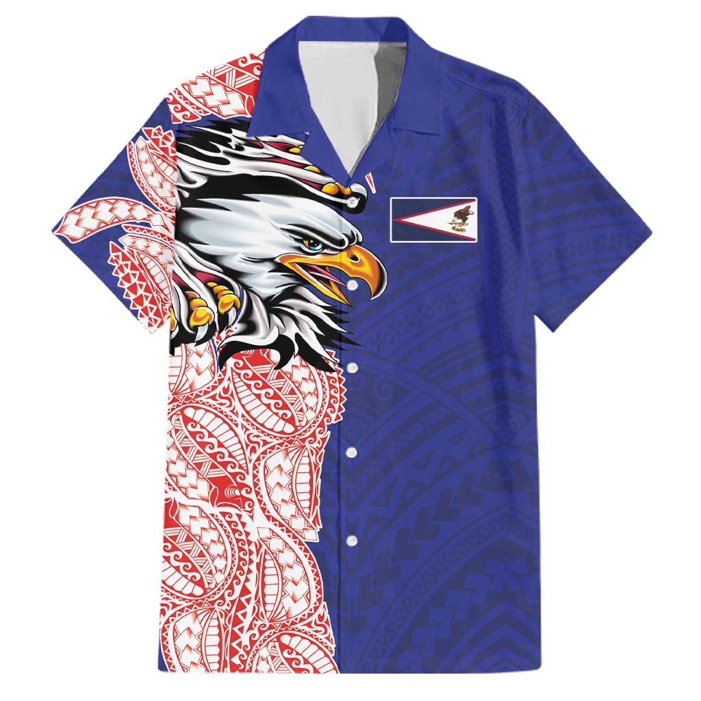 American Samoa Flag Day Family Matching Off Shoulder Maxi Dress and Hawaiian Shirt Tribal Tattoo with Eagle Blue-Red LT03 Dad's Shirt - Short Sleeve Blue - Polynesian Pride