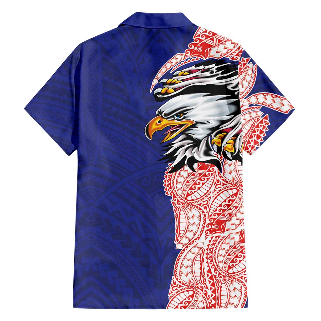 American Samoa Flag Day Family Matching Off Shoulder Maxi Dress and Hawaiian Shirt Tribal Tattoo with Eagle Blue-Red LT03 - Polynesian Pride