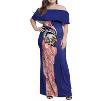 American Samoa Flag Day Family Matching Off Shoulder Maxi Dress and Hawaiian Shirt Tribal Tattoo with Eagle Blue-Red LT03 Mom's Dress Blue - Polynesian Pride