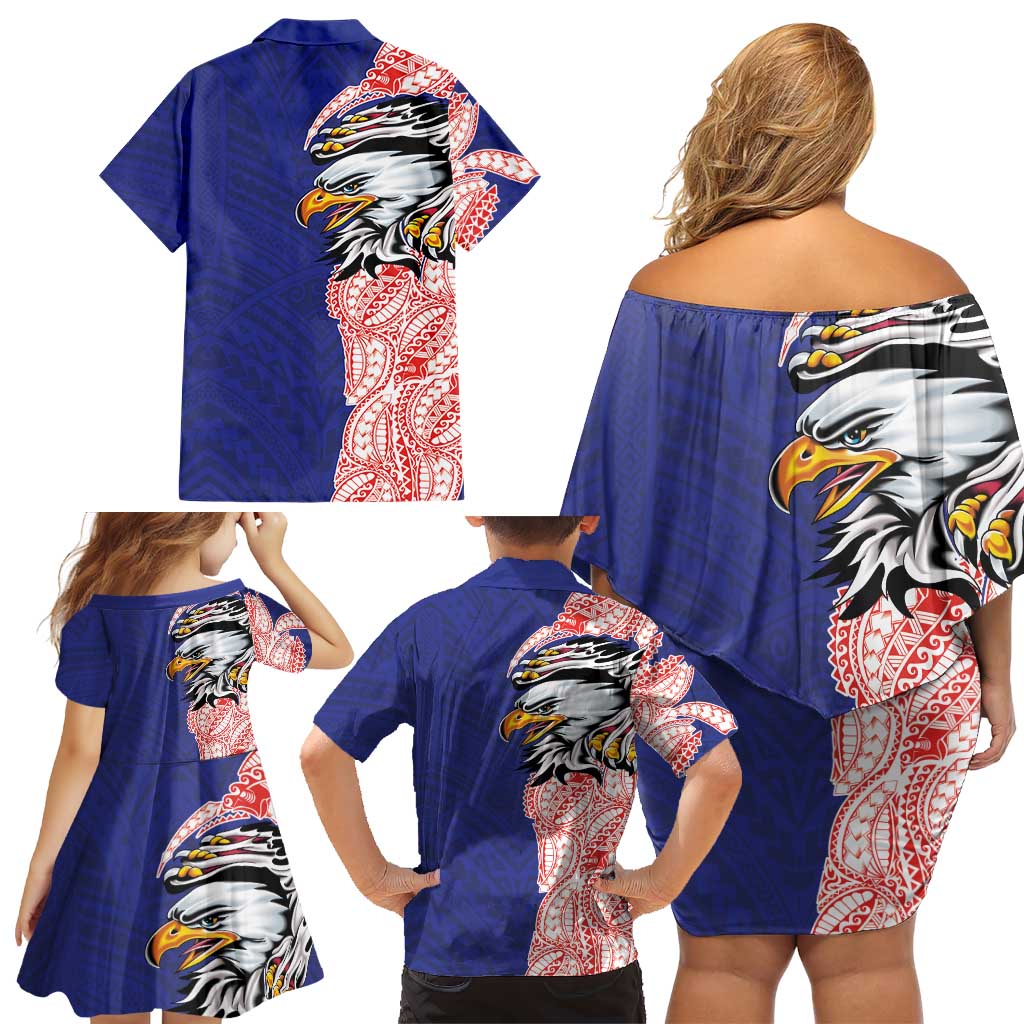 American Samoa Flag Day Family Matching Off Shoulder Short Dress and Hawaiian Shirt Tribal Tattoo with Eagle Blue-Red LT03 - Polynesian Pride