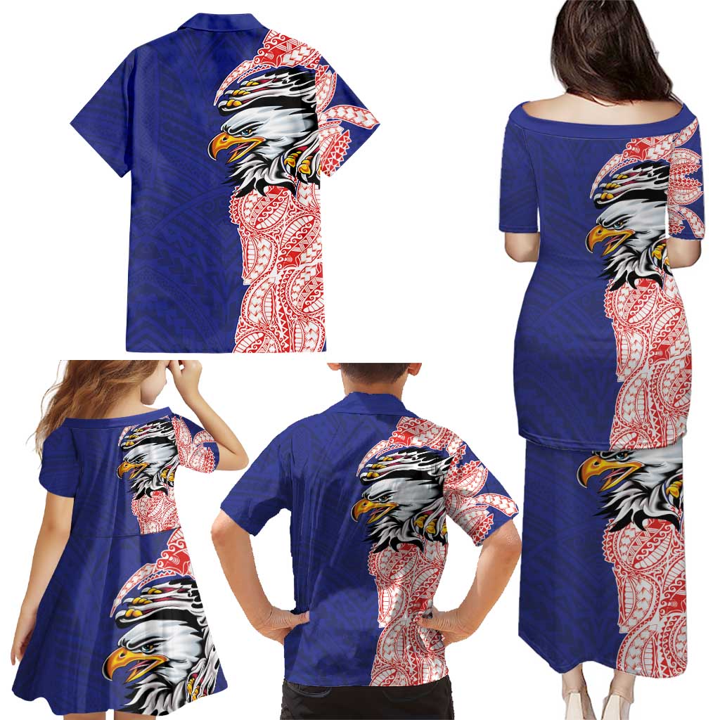 American Samoa Flag Day Family Matching Puletasi and Hawaiian Shirt Tribal Tattoo with Eagle Blue-Red LT03 - Polynesian Pride