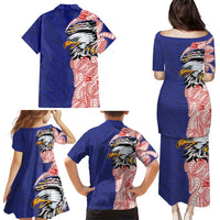 American Samoa Flag Day Family Matching Puletasi and Hawaiian Shirt Tribal Tattoo with Eagle Blue-Red LT03 - Polynesian Pride
