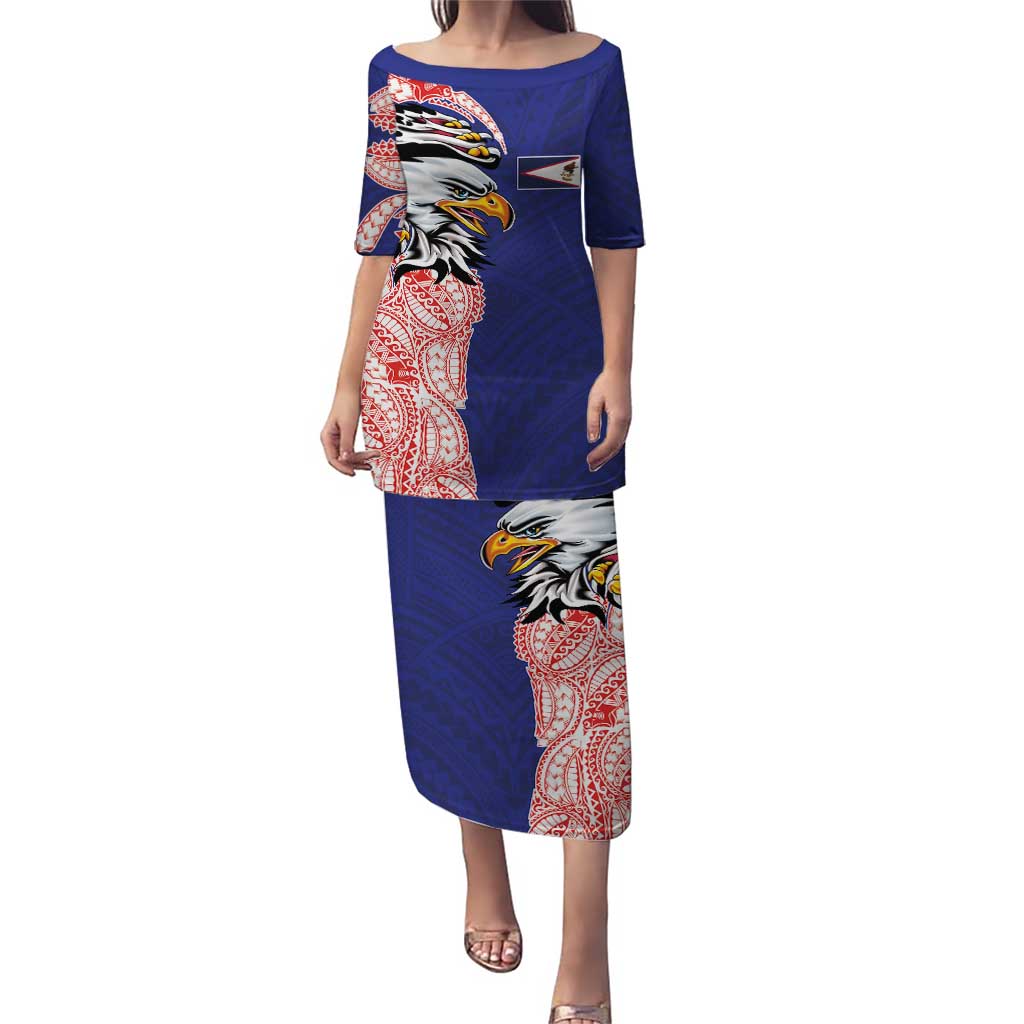 American Samoa Flag Day Family Matching Puletasi and Hawaiian Shirt Tribal Tattoo with Eagle Blue-Red LT03 Mom's Dress Blue - Polynesian Pride