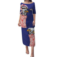 American Samoa Flag Day Family Matching Puletasi and Hawaiian Shirt Tribal Tattoo with Eagle Blue-Red LT03 Mom's Dress Blue - Polynesian Pride