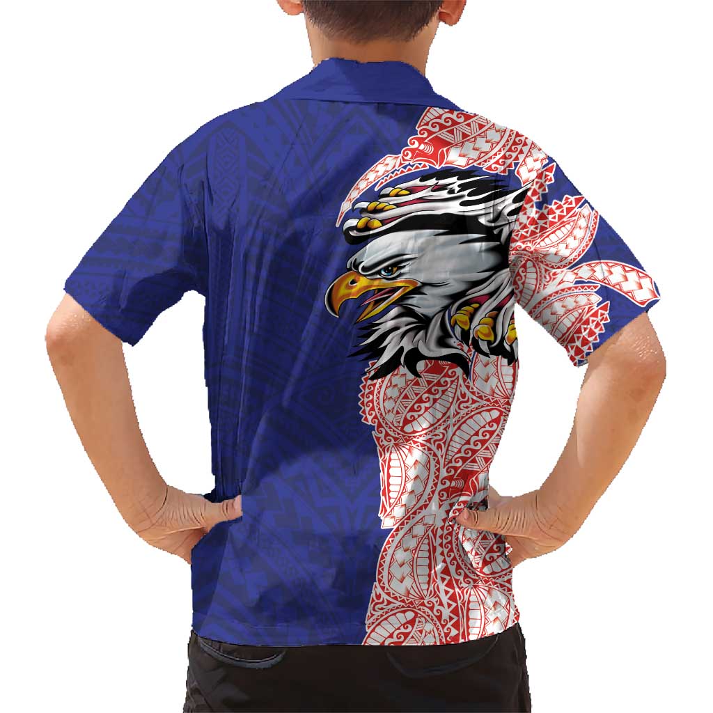 American Samoa Flag Day Family Matching Short Sleeve Bodycon Dress and Hawaiian Shirt Tribal Tattoo with Eagle Blue-Red LT03 - Polynesian Pride