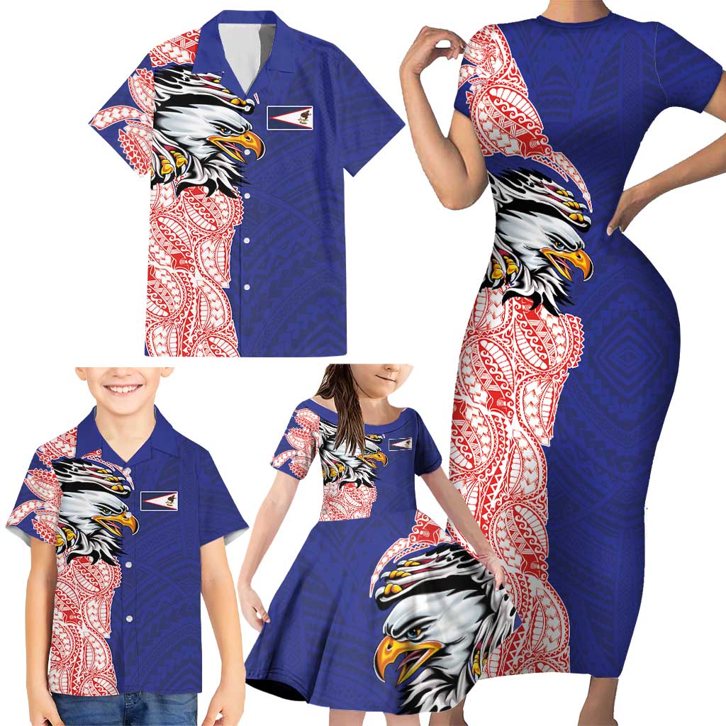 American Samoa Flag Day Family Matching Short Sleeve Bodycon Dress and Hawaiian Shirt Tribal Tattoo with Eagle Blue-Red LT03 - Polynesian Pride