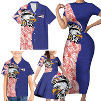 American Samoa Flag Day Family Matching Short Sleeve Bodycon Dress and Hawaiian Shirt Tribal Tattoo with Eagle Blue-Red LT03 - Polynesian Pride