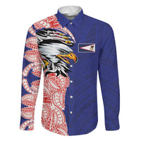 American Samoa Flag Day Family Matching Summer Maxi Dress and Hawaiian Shirt Tribal Tattoo with Eagle Blue-Red LT03 Dad's Shirt - Long Sleeve Blue - Polynesian Pride